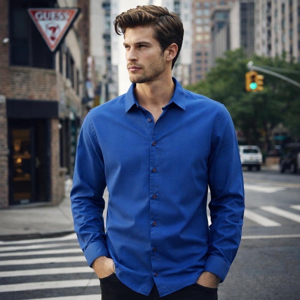 GUESS 100% Cotton Slim Fit Button Down Shirt | Men's Blue Stone Wash Long Sleeve